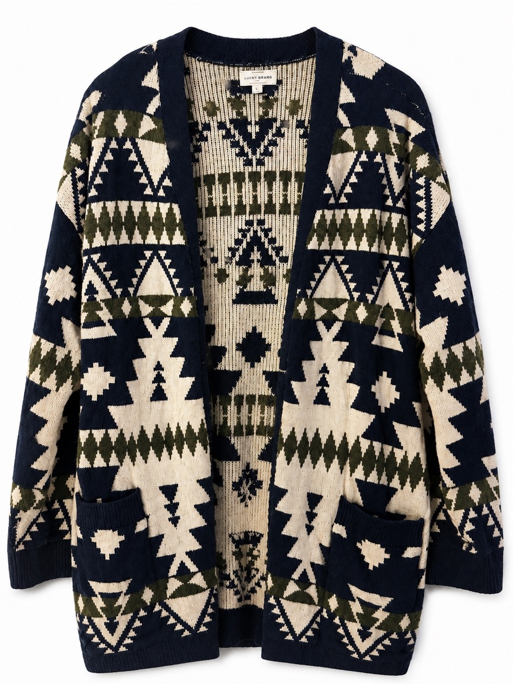 Lucky Brand Southwest Geometric Long Open Cardigan Navy Cream Olive L